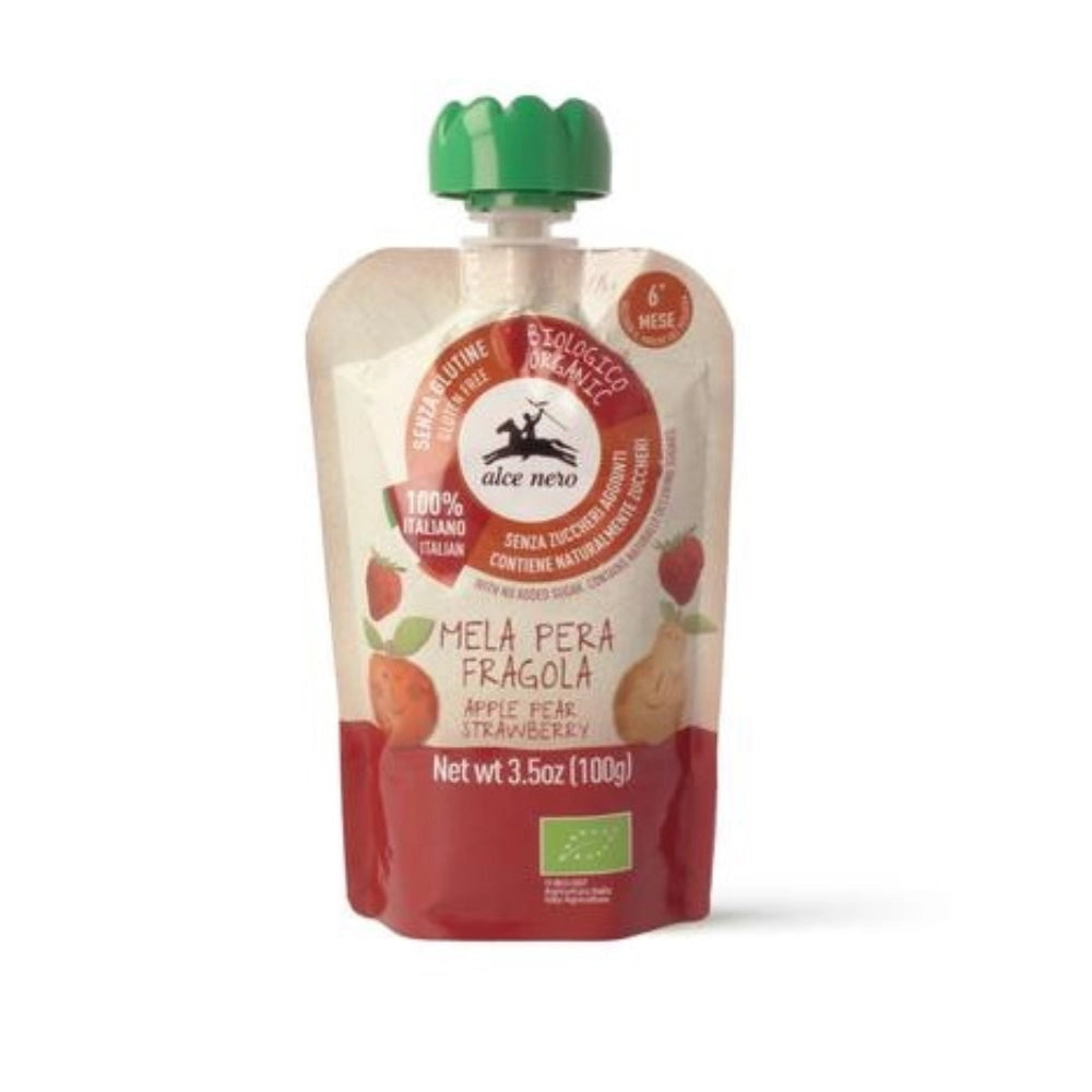 Био Детско Плодово Пюре от Ябълки, Круши и Ягоди Пауч, 100g, Alce Nero